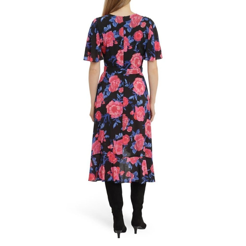 London Times Womens Black Floral Short Sleeve Faux Wrap Midi Dress Sz 10 New - Picture 2 of 6